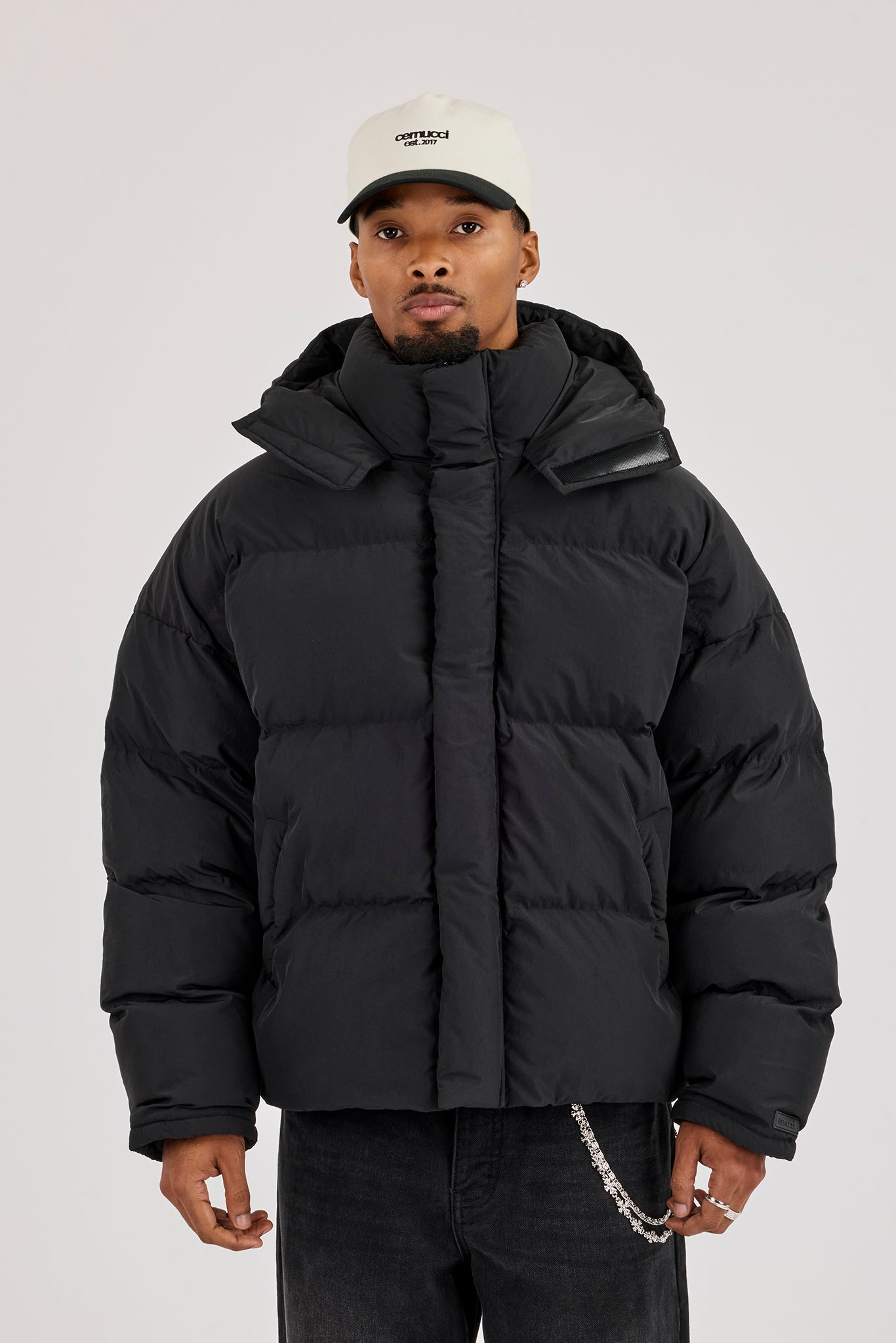Funnel Neck Hooded Puffer Jacket - Black